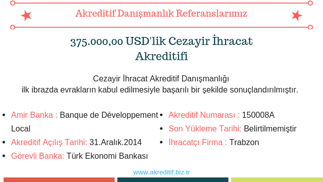 Akreditif Danışmanlık Referanslarımız: Cezayir'e Yapılan 375,000.00 USD'lik Makine İhracatı